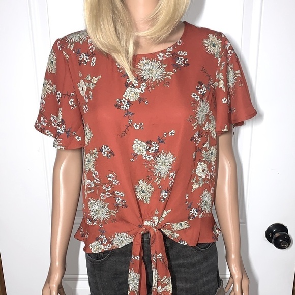 Lily White Floral flutter short sleeve Blouse Rust Large - Picture 1 of 8